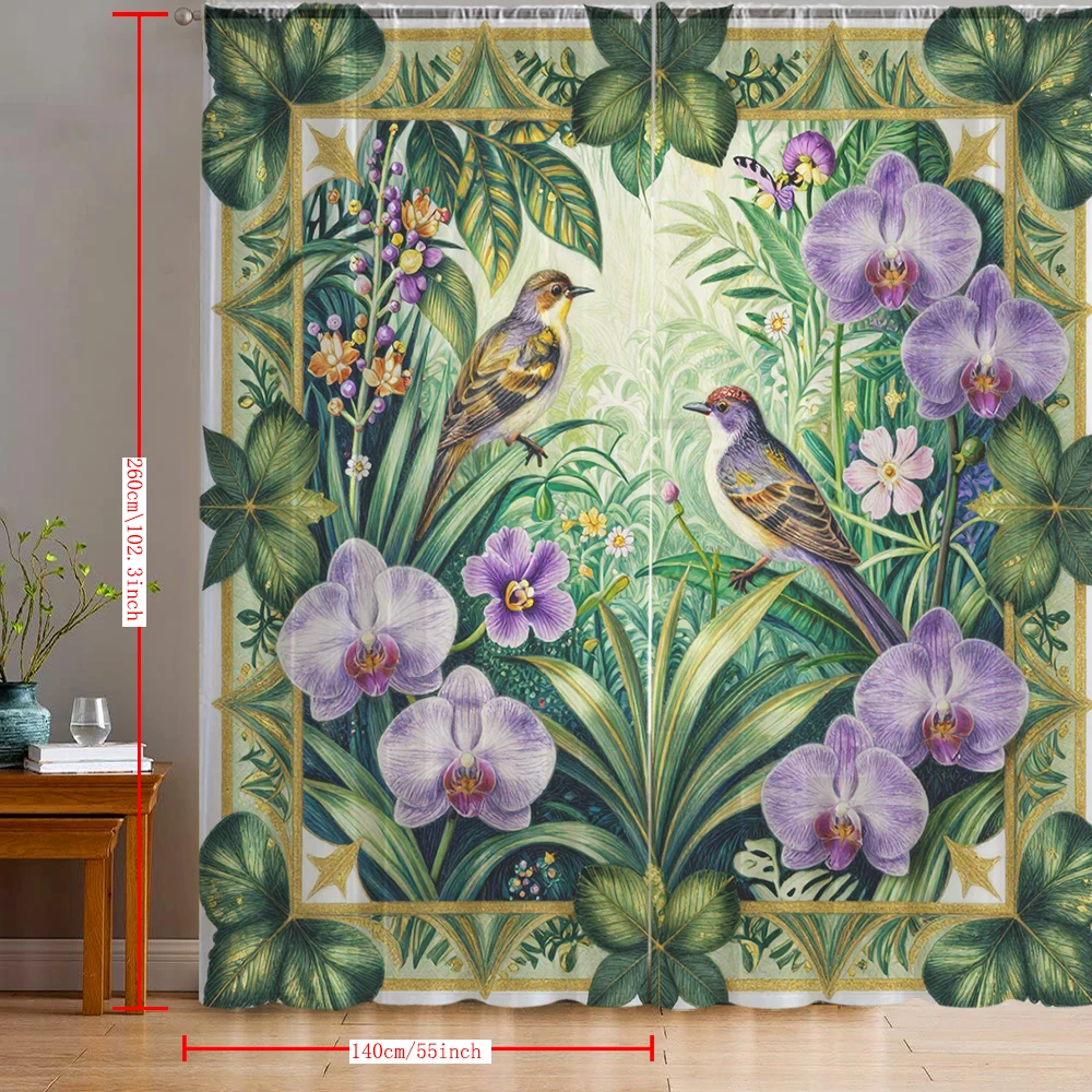 2PCS home decoration window screen, butterfly orchid and bird print with pole pocket curtains, kitchen, coffee shop, living room