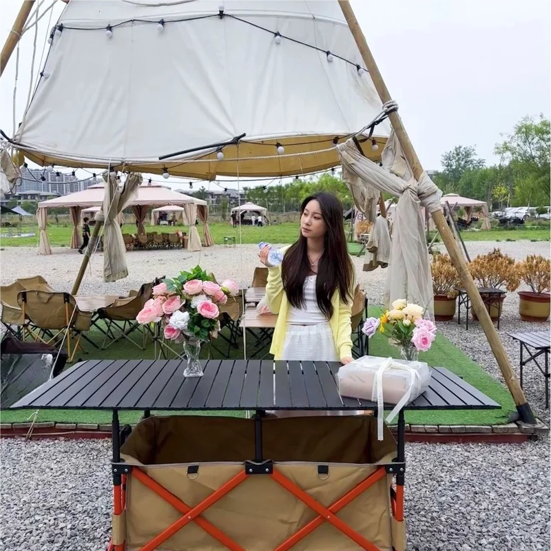 Large Collapsible Outdoor Camping Cart with Removable Tabletop & Sunshade Umbrella, All-in-One Wagon for Market, Camping & Beach image 3