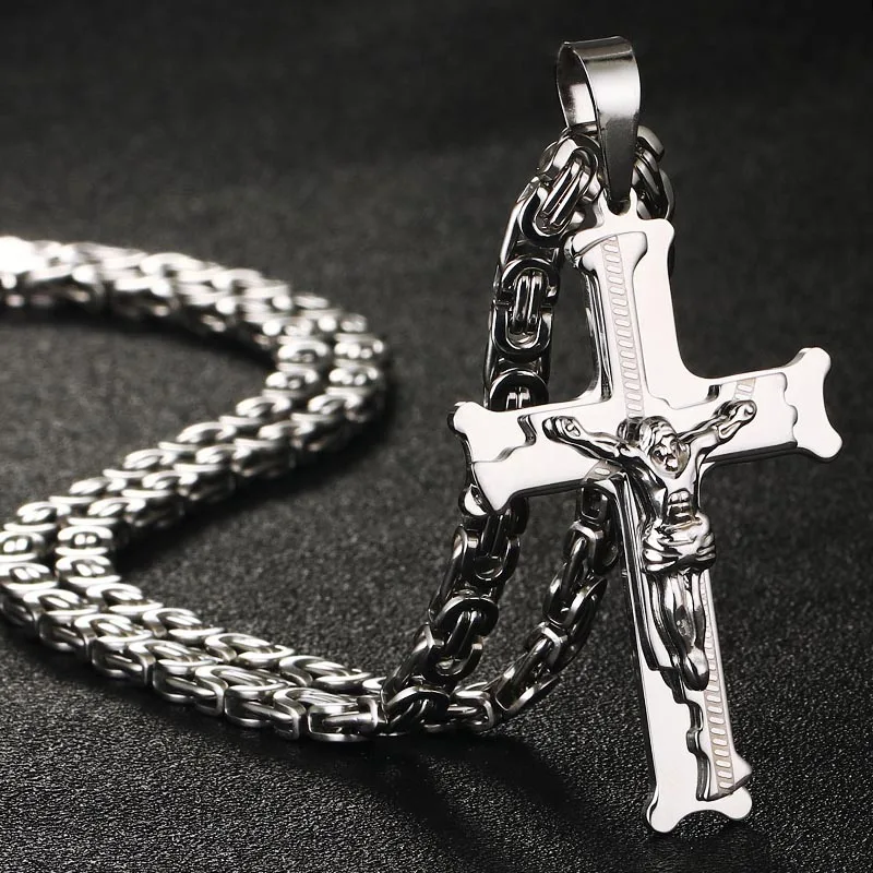 Edelstahl Kruzifix Jesus Byzantinische Gliederkette Halskette Fischgrätenmuster Kreuz Anhänger Halskette Katholischer Schmuck Männer Geschenk – Detail 6