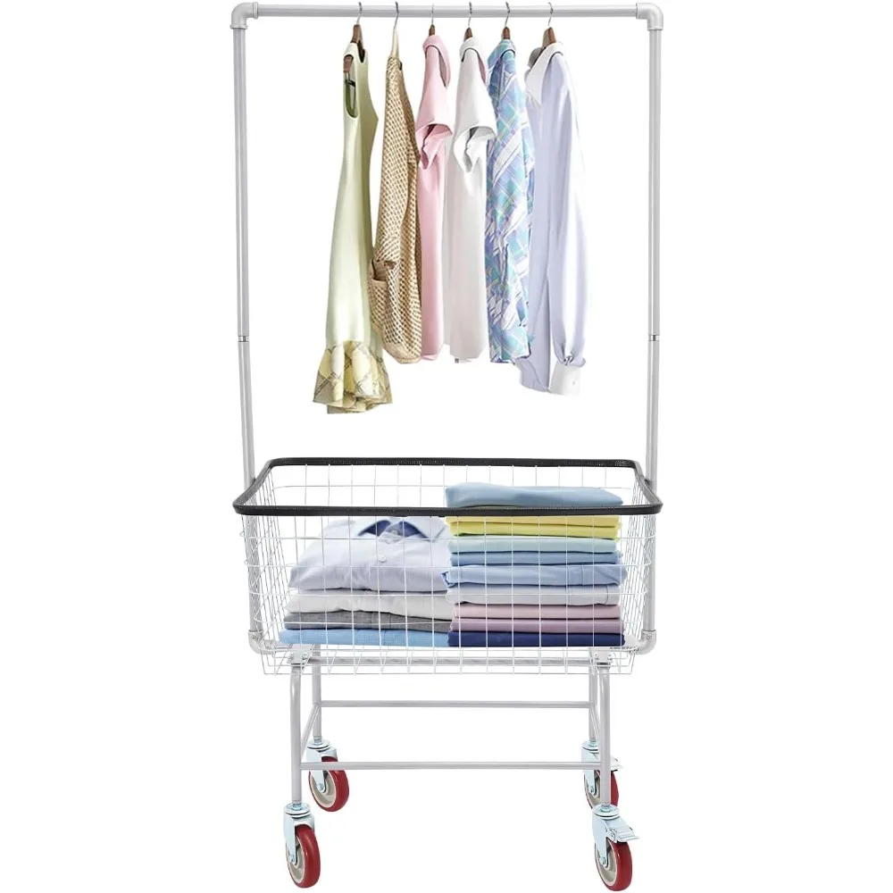 Laundry Cart with Clothes Rack, Rolling Laundry Basket with Wheels, Commercial Laundry Basket, Steel Frame with Chrome Finish