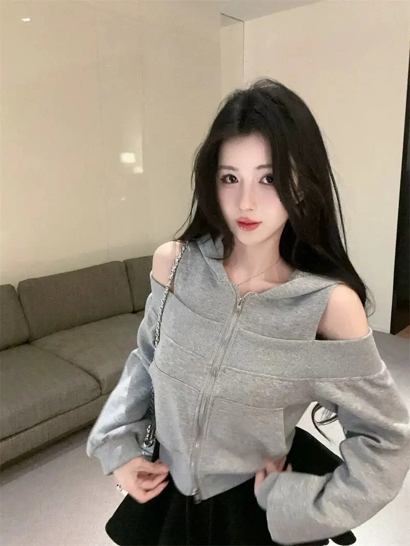 

Модная женская хлопковая толстовка на молнии, укороченная модель, весна-осень, новинка, трендовая, с цепочкой и вырезами, с длинными рукавами
