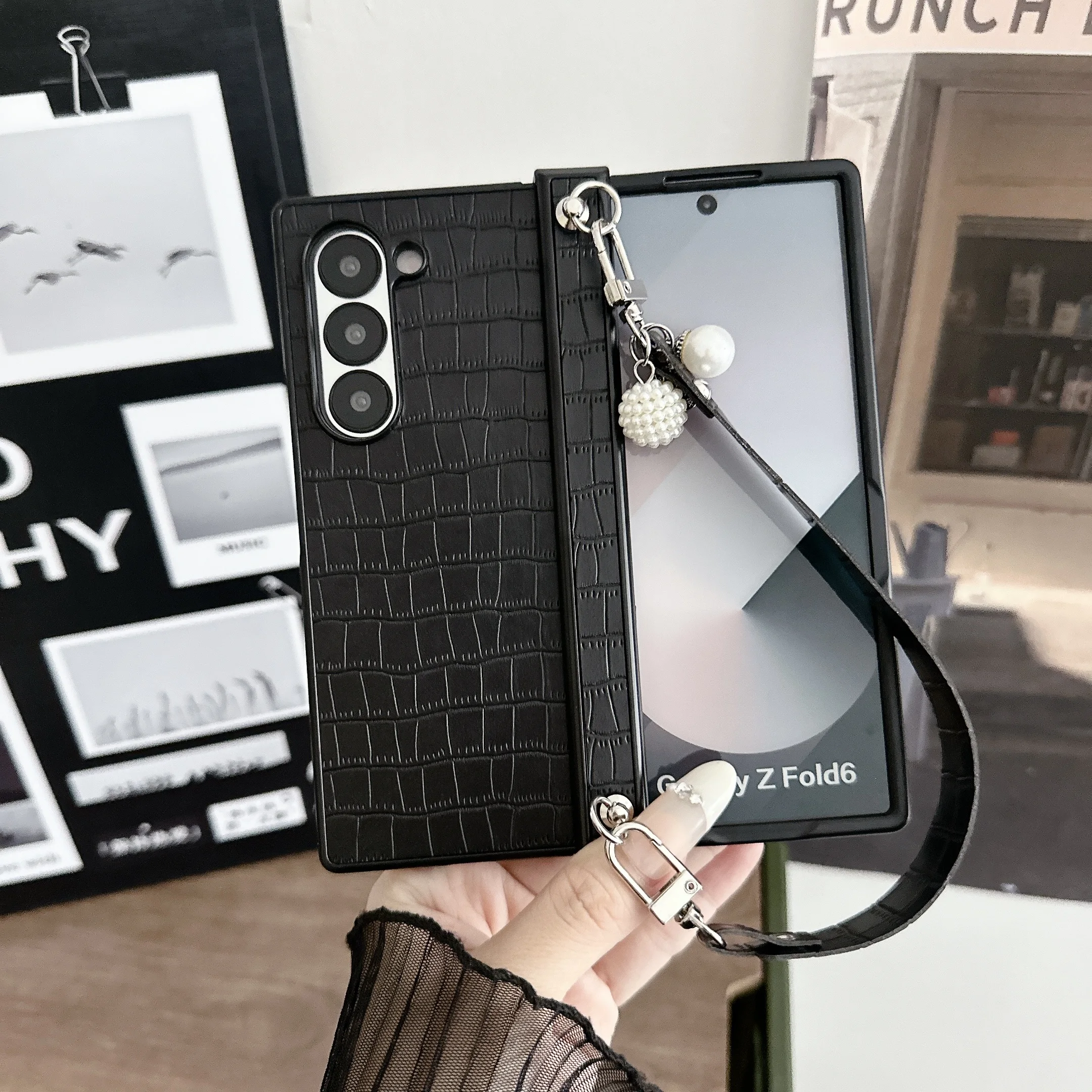 Handgelenkschlaufe, Alligatormuster, PU-Leder, Handyhülle für Samsung Galaxy Z Fold 7, 6, 5, 4, 3, 5G, Fold7, Schutz, stoßfeste Abdeckung