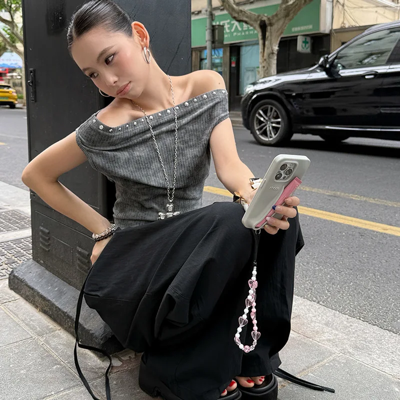 

Y2K Street Casual Stud Smudge Straight Shoulder Shirt Vintage Distressed Short Sleeve T-Shirt