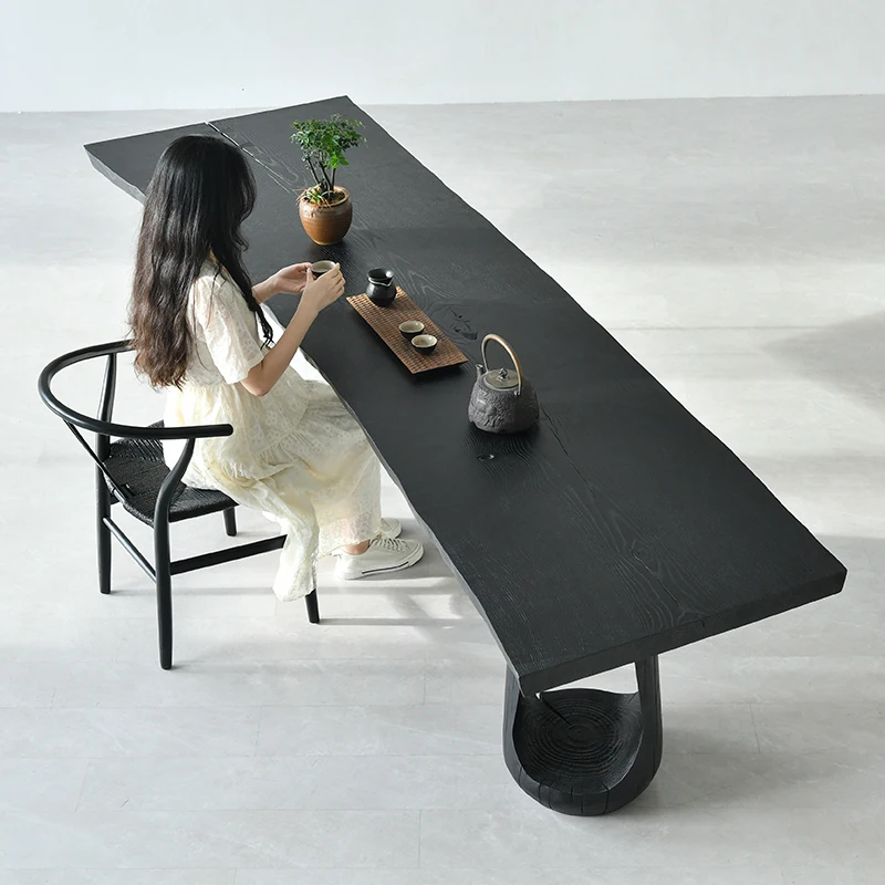 Charcoal carbonized black solid wood slab ash wood creative zen kung fu tea table simple