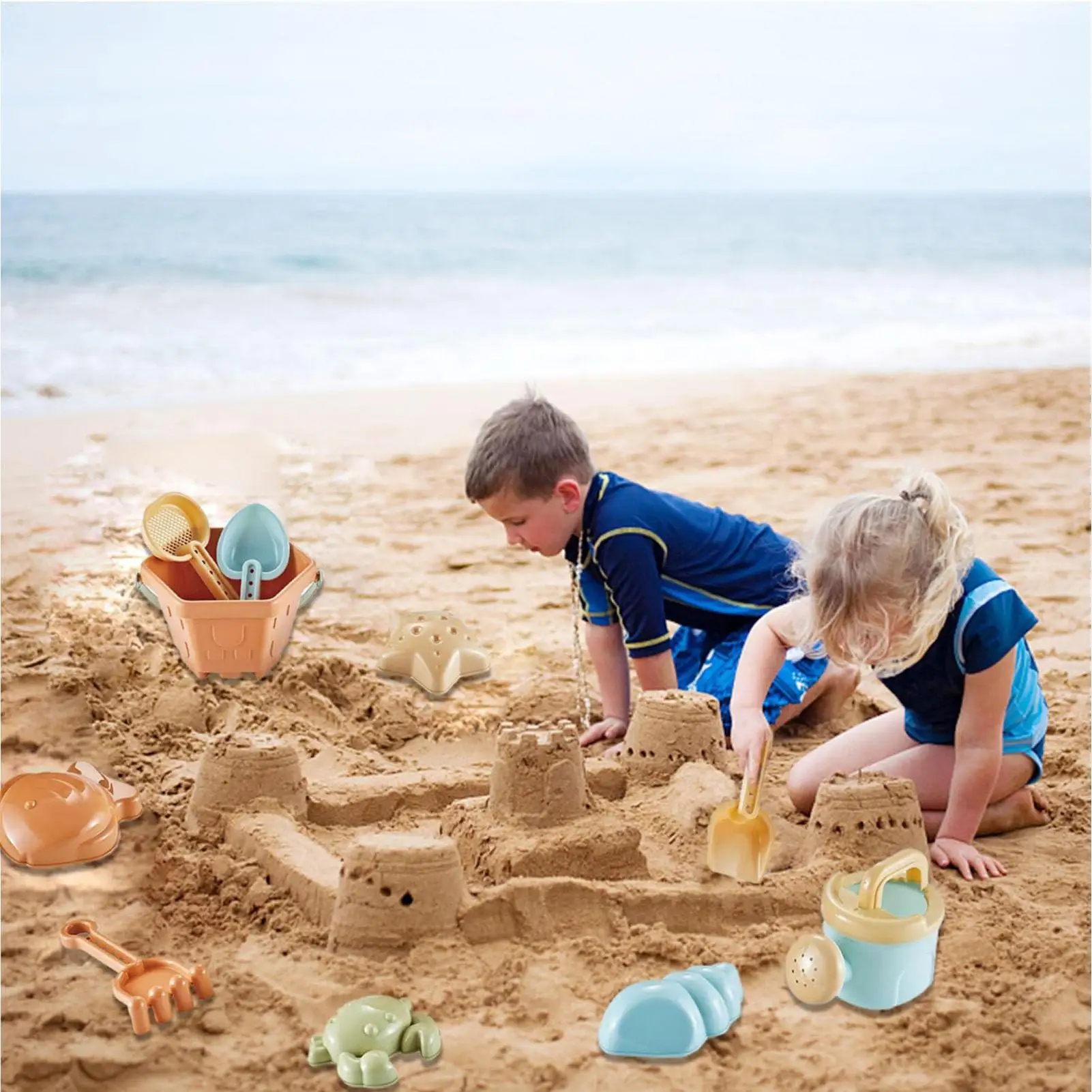 10Pcs Beach Sand Toys Set Bucket Shovel Rake Starfish Crab Outdoor Summer Water Play Sandcastle Building Toddler Kit