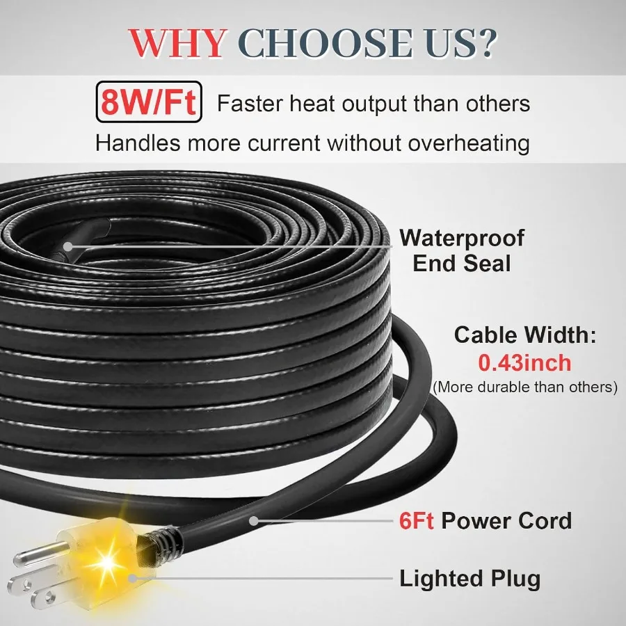 سخان مزراب لسقف ذوبان الثلج كابل تسخين ذاتي التنظيم مع قابس مضاء بطول 6 أقدام 120 فولت 8 وات/قدم 65 قدم تسخين Ca