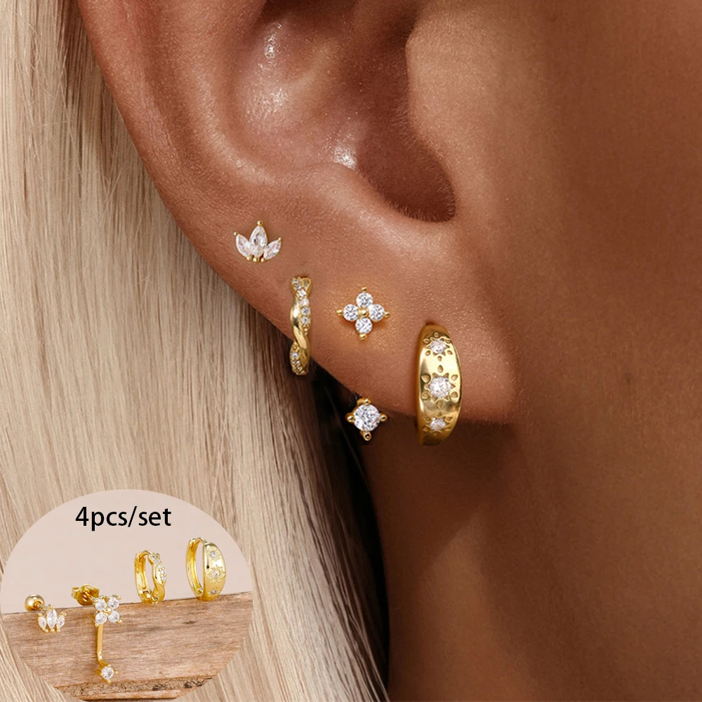 4PCS Fashion Stainless Steel Zirconia Star Huggie Hoop Earrings Set for Women Curious Pendant Flower Ear Stud Piercing Jewelry