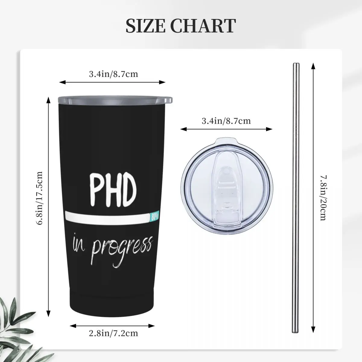 Phd In Progress Stainless Steel Tumbler Vacuum Insulated Mug Thermal Cold Cups Straw With Lid 20oz