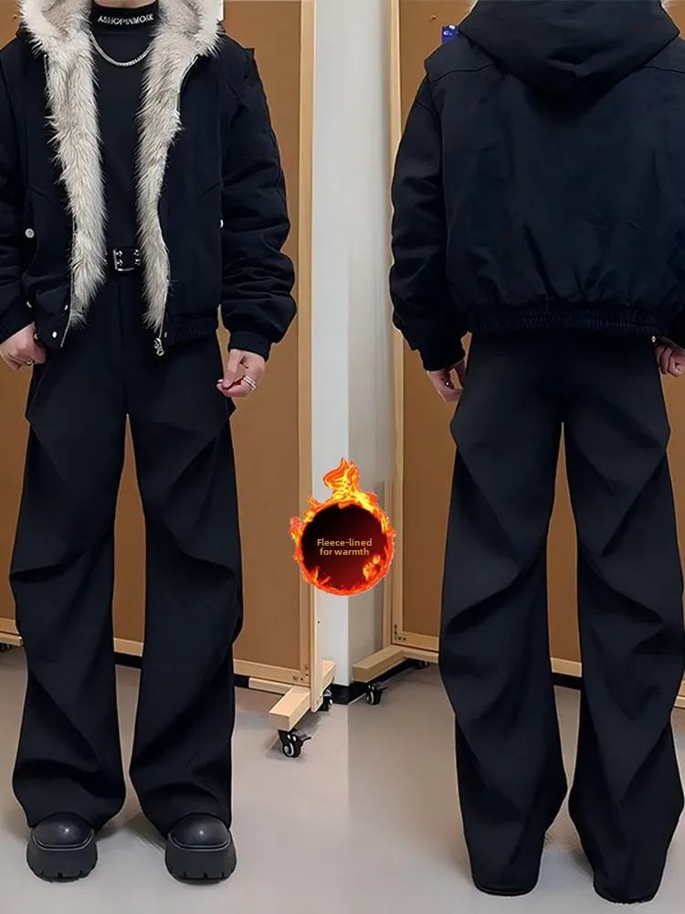 

American Retro Knife Men's Autumn Winter Thiened Fce Casual Flared Long Pants Straight Fit Slimming Cleanfit