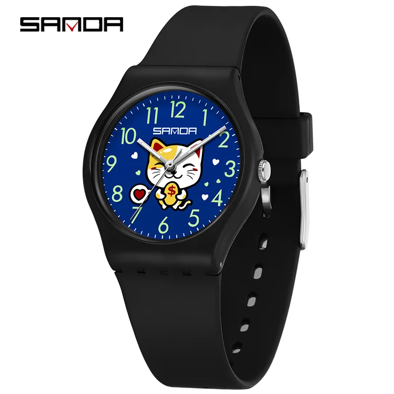 Fashion Sanda 6139 Student Quartz Watch Creative Cute Cartoon Wealth Cat Silicone Strap Wristwatch For Boys And Girls Clock Gift