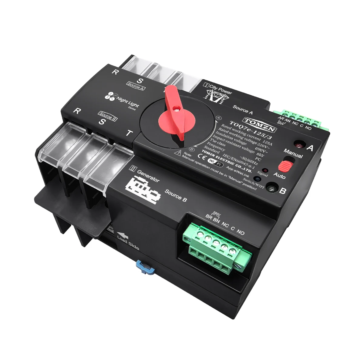 TOMZN eWelink 2P 3P 4P WIFI Smart ATS Timer 230V Dual Power Automatic Transfer Selector Switch Uninterrupted Remote Control 125A