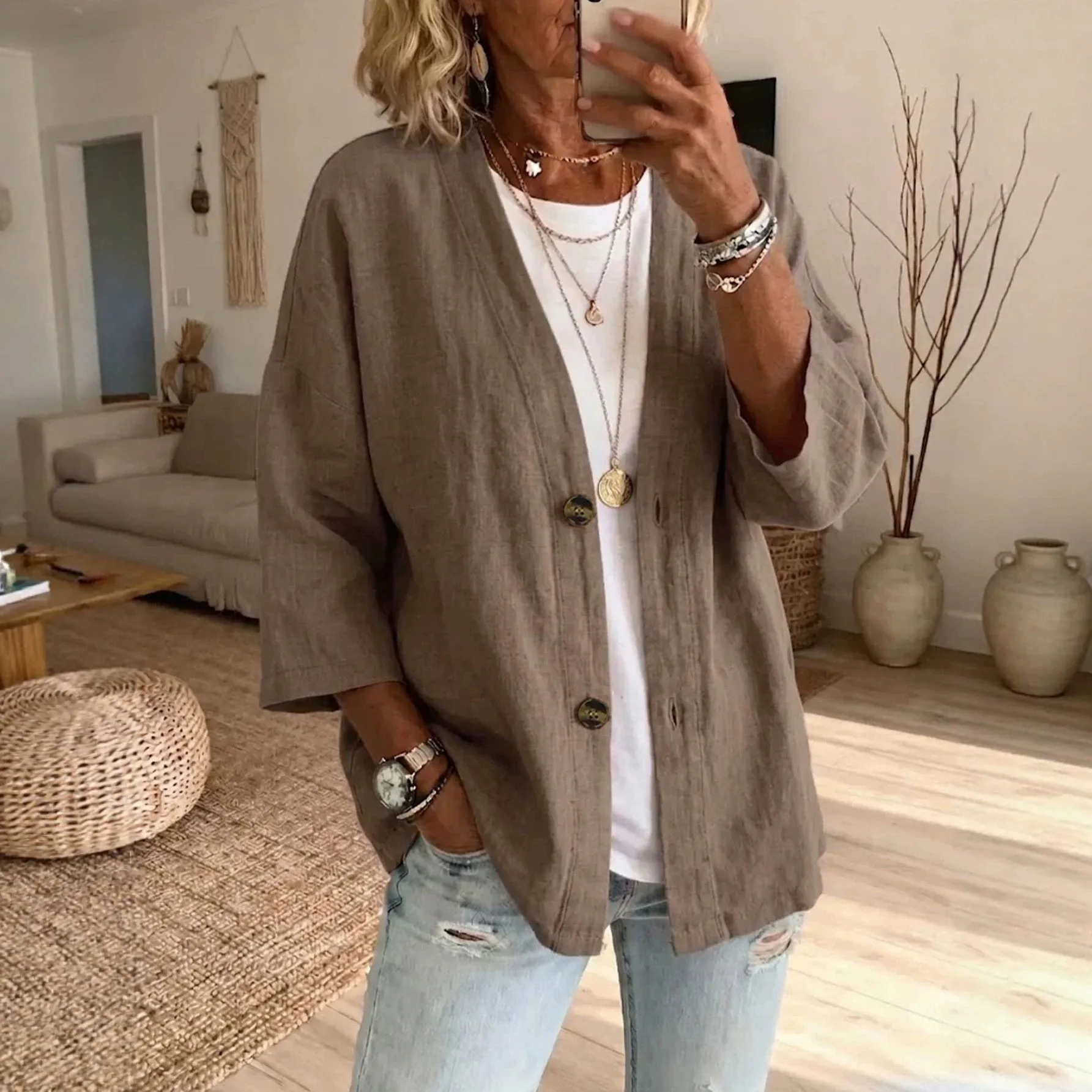 Women's Spring Autumn Medium Weight Casual V Neck Three Quarter Sleeve Single Breasted Button Color Block Blouse for Women