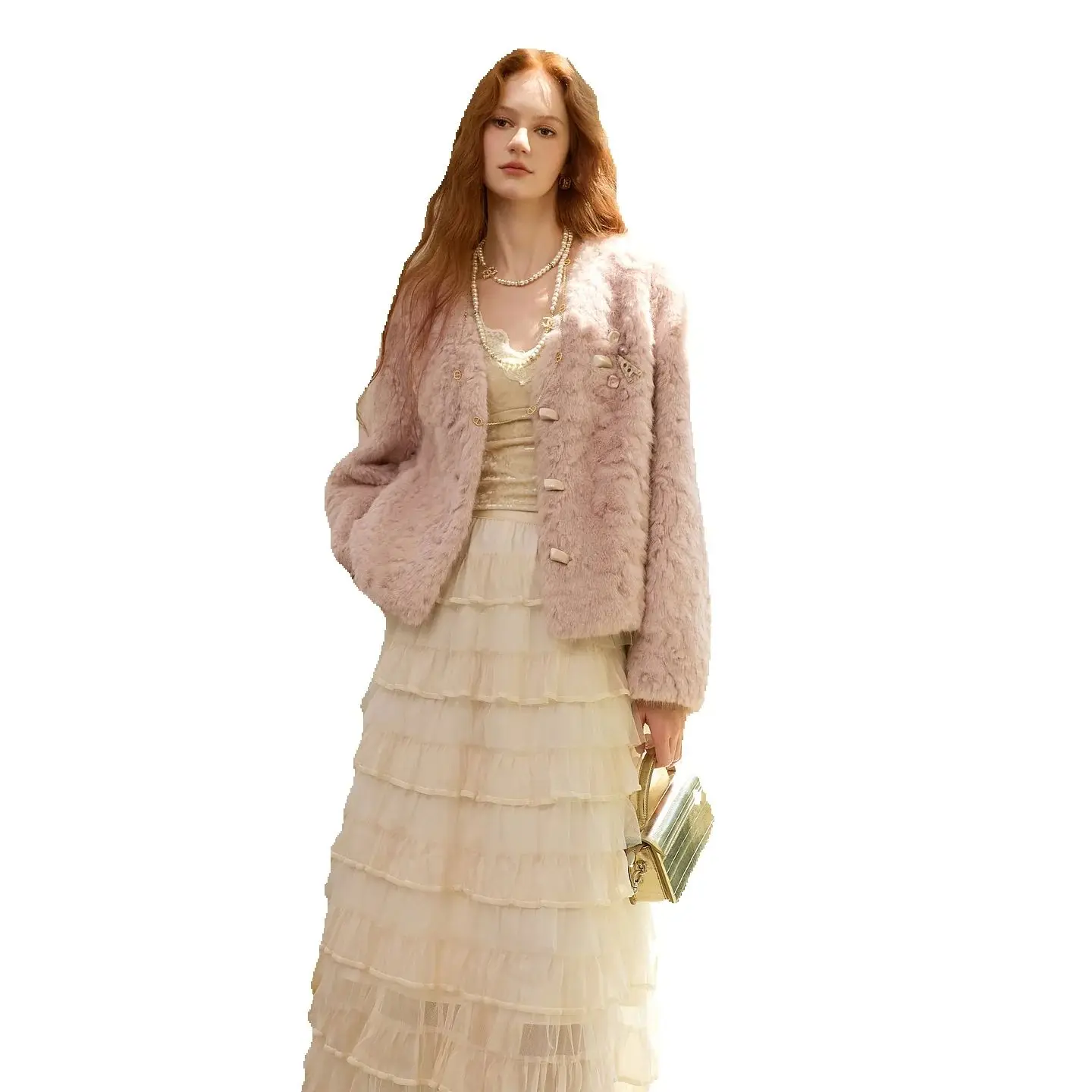2025 Winter New young style thousand-gold V-neck eco-friendly fur coat for women, pink short style