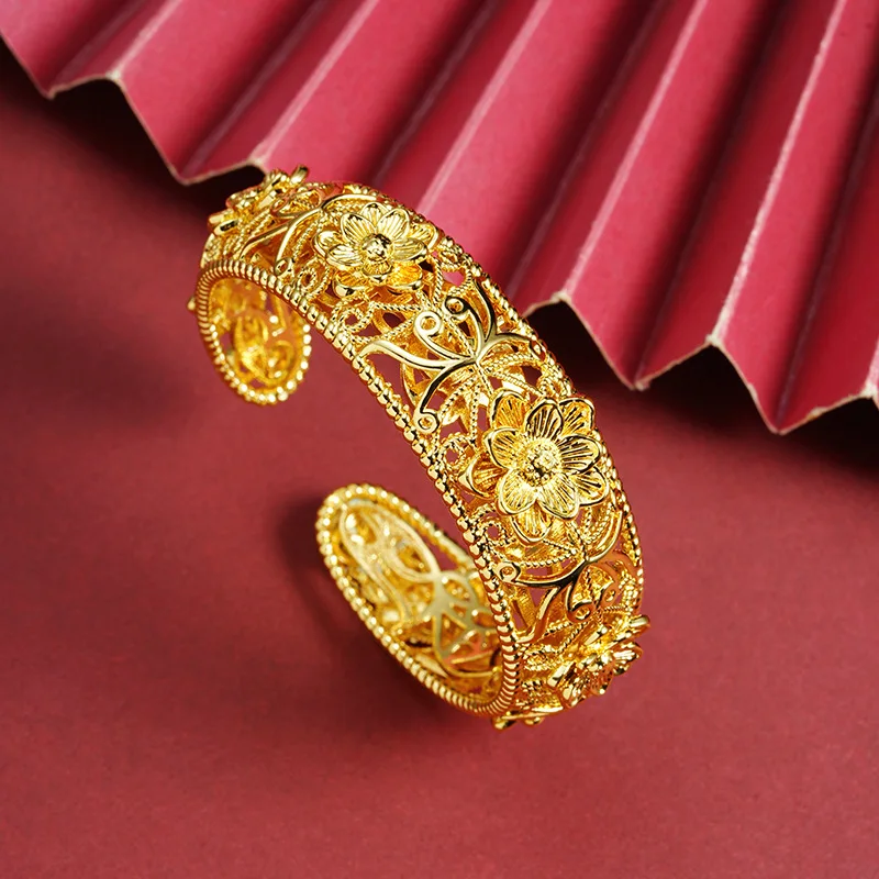 

Luxury 24K 9999 Pure Gold real gold Women's Bracelet National Fashion Hollow Flower Opening Bracelet