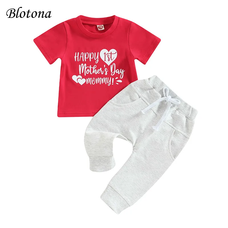 

Blotona Baby Boys Summer Outfits Red Short Sleeve Mother's Day Letter Heart Print Tops + White Drawstring Pants 0-12Months