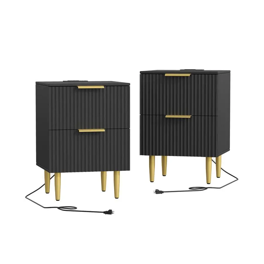 Nightstand Set of 2, Fluted Night Stand with Charging Station, 13.8 D x 15 W x 23.2 H, 2 Drawers Modern Bedside Table with USB P