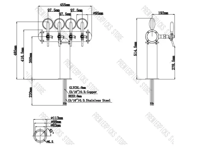 Stainless Steel 4 Tap 85Mm Dispensing Equipment Draft Beer Tower (Polished)