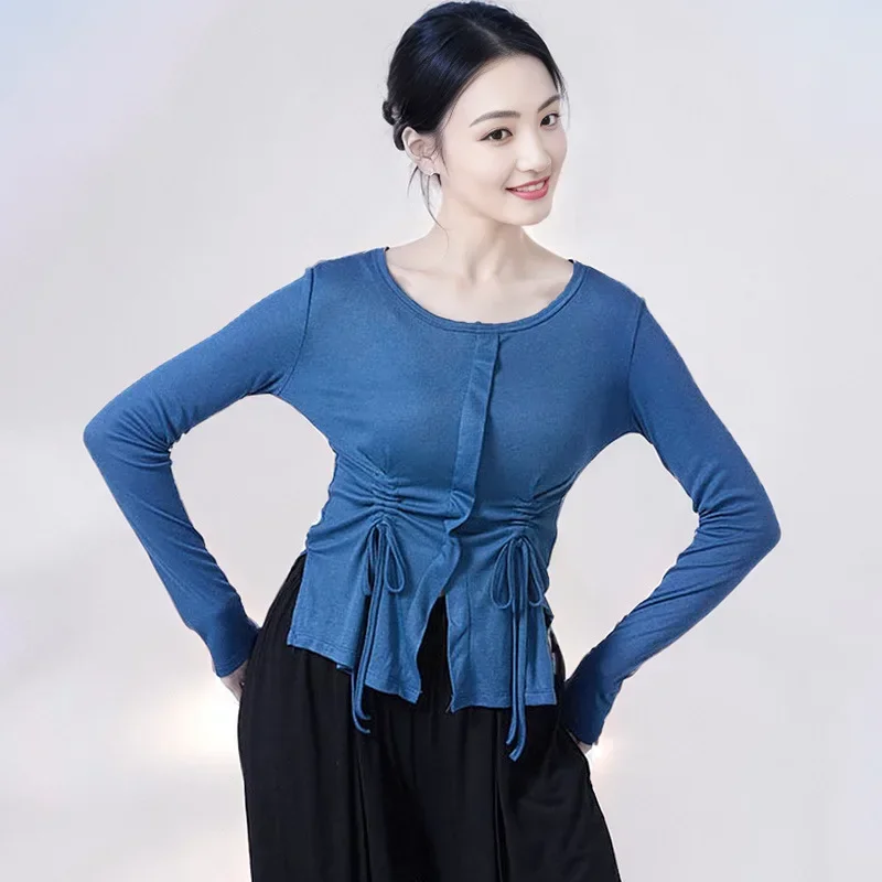 Slim-fit long-sleeved drawstring top Chinese dance classical dance practice clothes body clothes female adult autumn