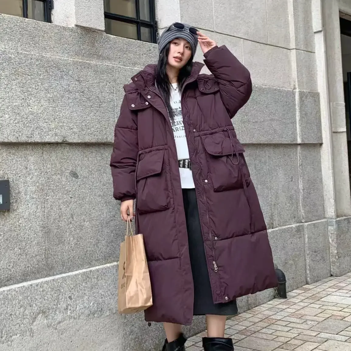 

Winter Women's Down Cotton Jacket Oversized Windproof Hooded Lace Up Long Women's Parkas