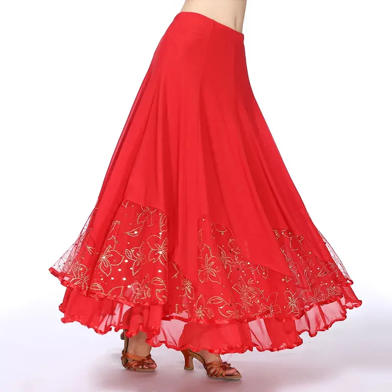 Falda de baile moderna estándar nacional para mujer, faldas de baile de lentejuelas Flamenco, falda de escenario de Tango para baile de salón español de vals