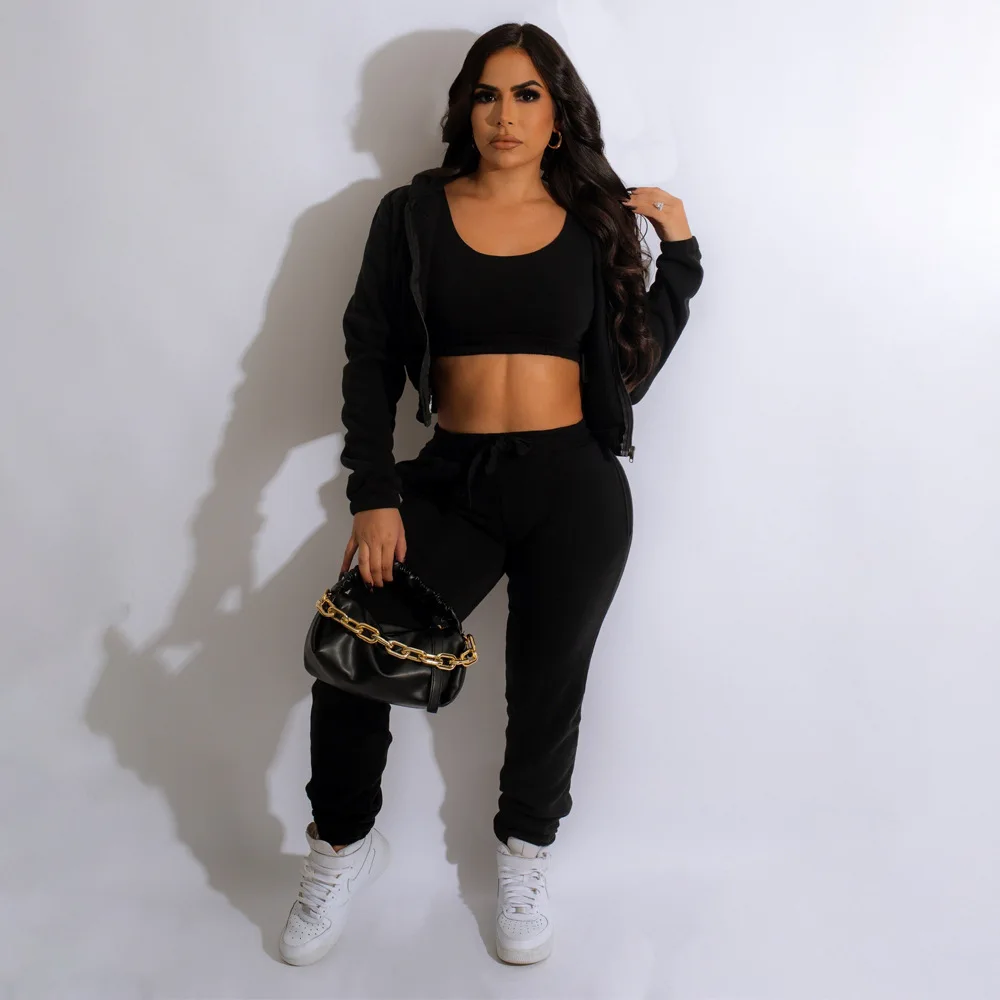 

2022 New Women Street Casual Style Sets Long Sleeve Zipper Outwear Short Top Elastic Long Pants Lady Pure Color 3 Pice Sets