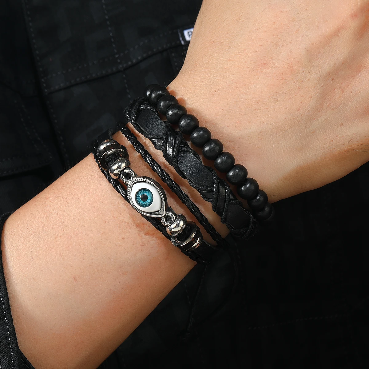 Leather Bracelet Men Devil Eye PU Black Leather Bracelet Wood Beads Multi layer Woven Bracelet Pull Cord Bracelet Jewelry Men