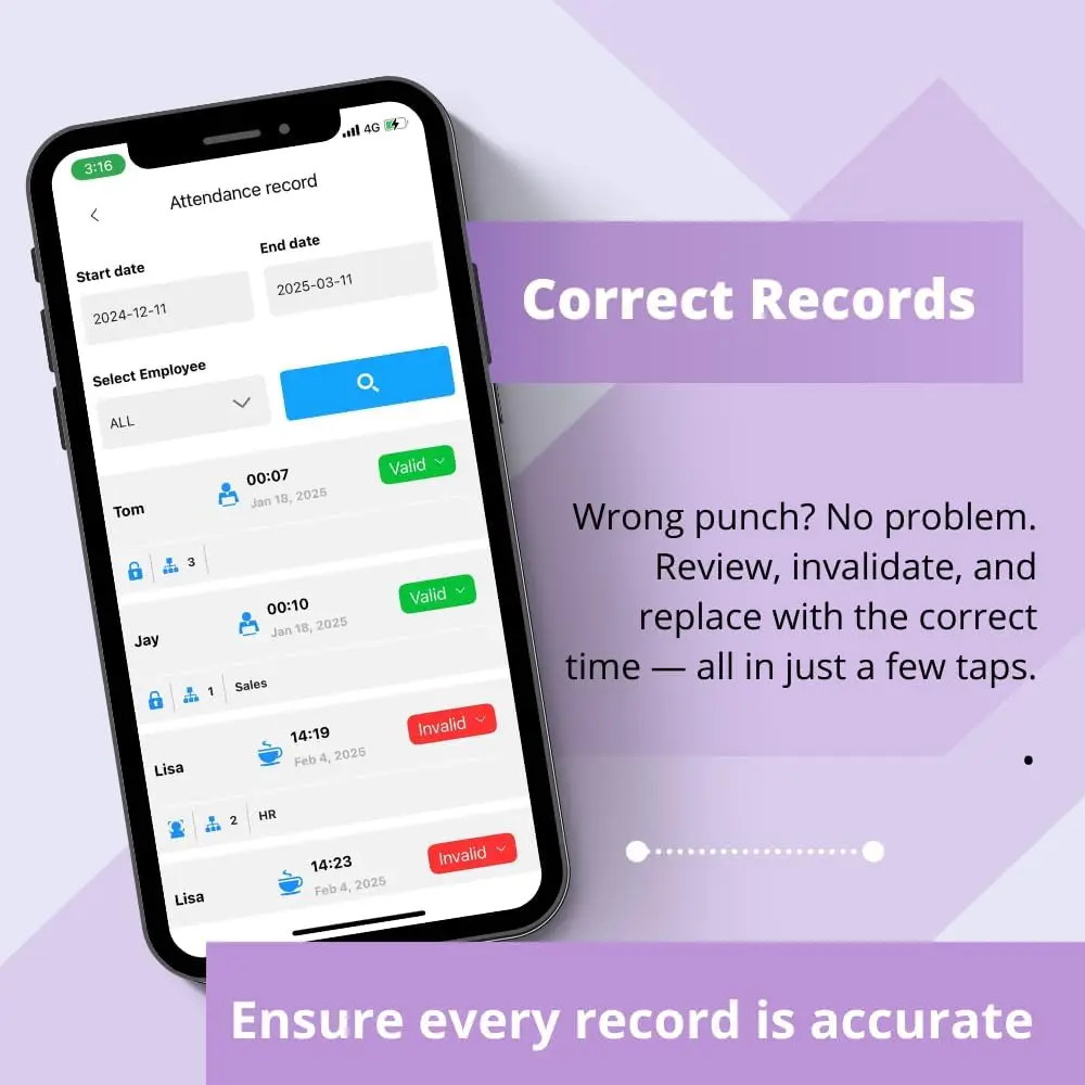 ساعة توقيت للشركات الصغيرة مع التحكم في التطبيق، وجه/بصمة/بطاقة/دبوس، تخزين البيانات المحلية، آلة بطاقة الوقت بدون رسوم شهرية #6