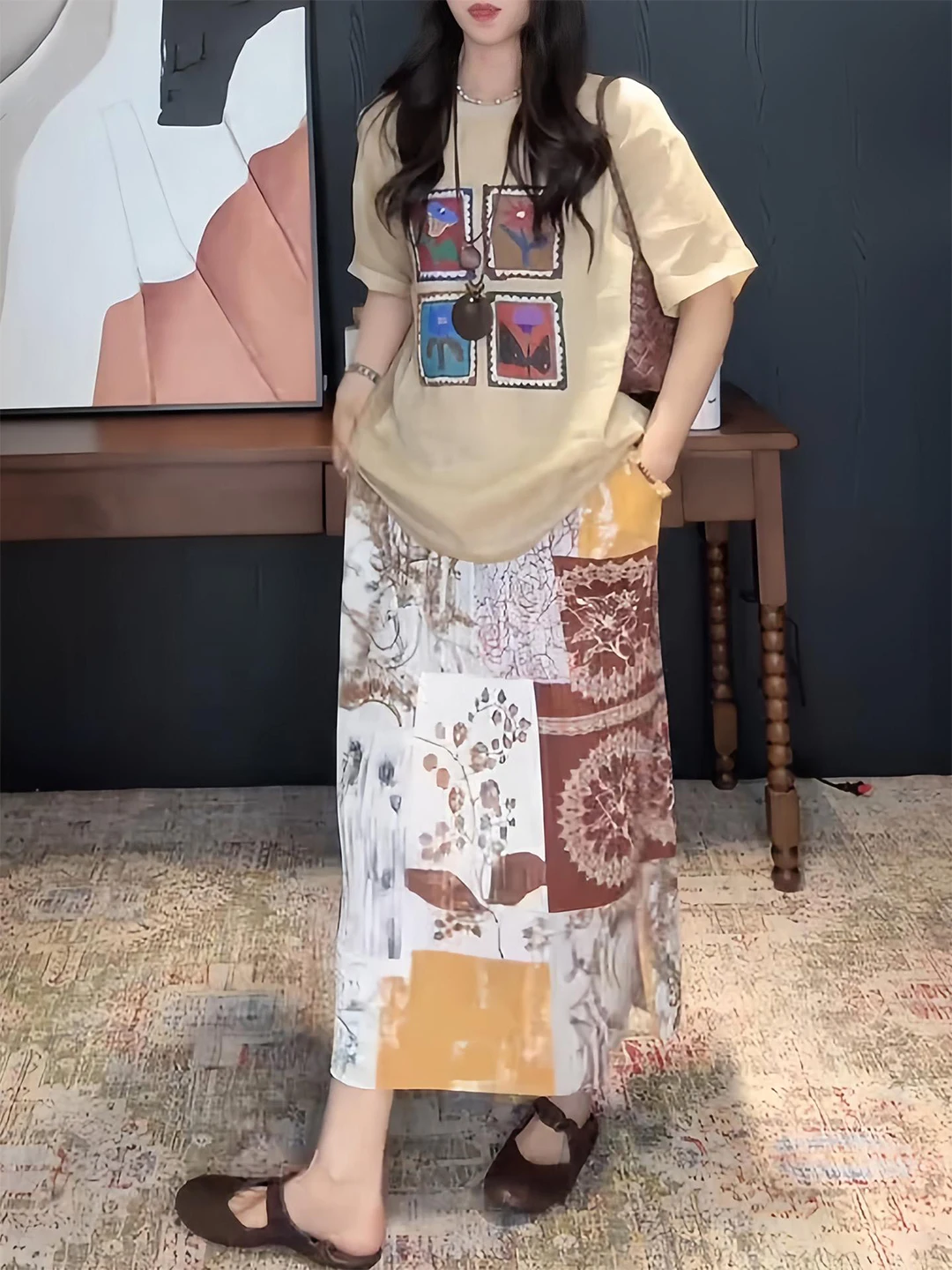 

Casual Floral Print Short Sleeve T-Shirt And Skirt Set Women's Summer Leisure Fashion Two-Piece Suit High Waist Half Length