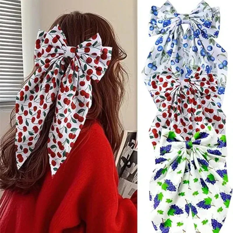 チェリープリントダブルボウスプリングクリップブルーベリーグレープ生地ロングストリーマーヘアピンかわいいヘアアクセサリー