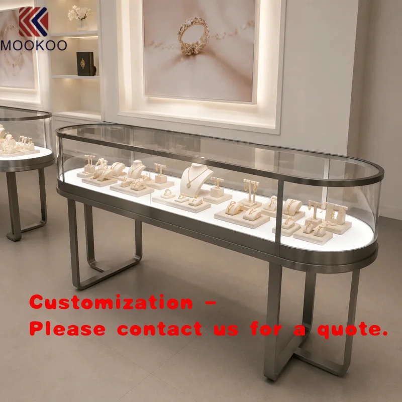 custom.Stainless Steel Frame LED Jewelry Display, Oval Glass Showcase Jewellery Shop