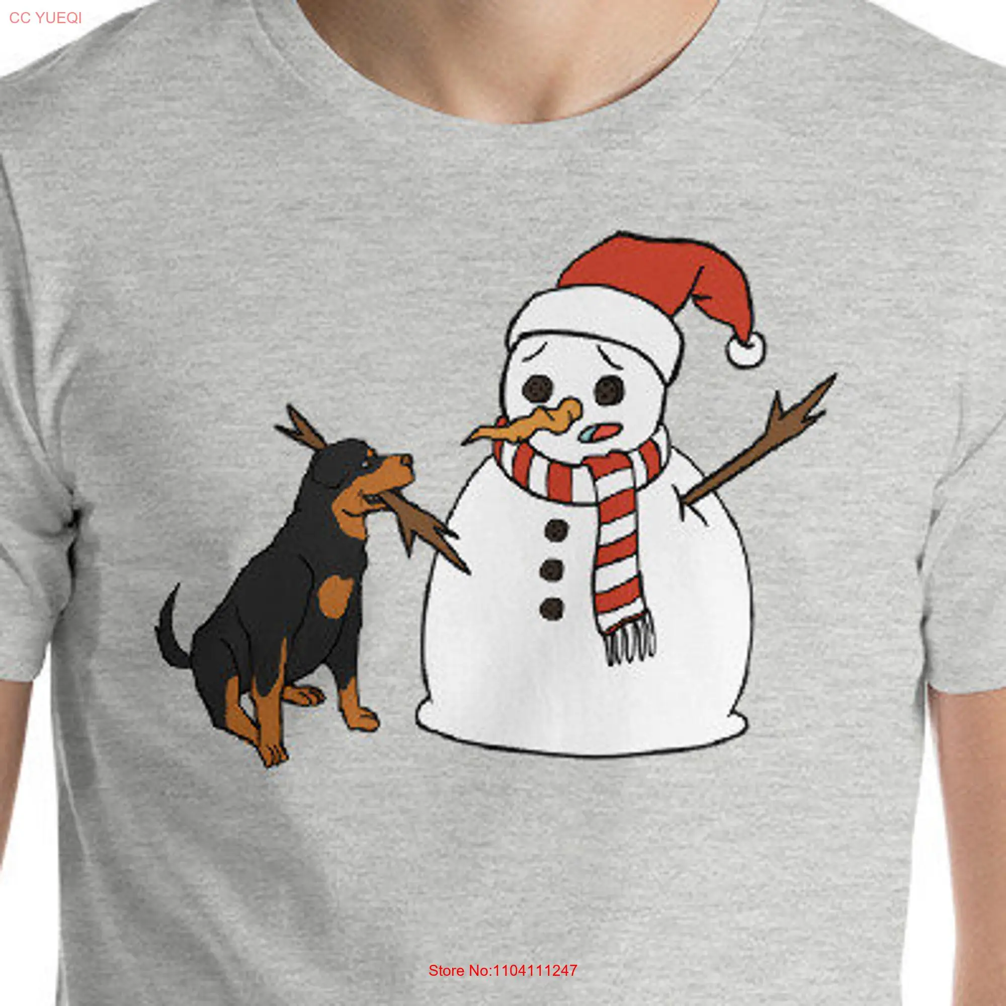 Rottweiler Playing With Snowman Christmas T Shirt Funny Rottie Dog Xmas  long or short sleeves