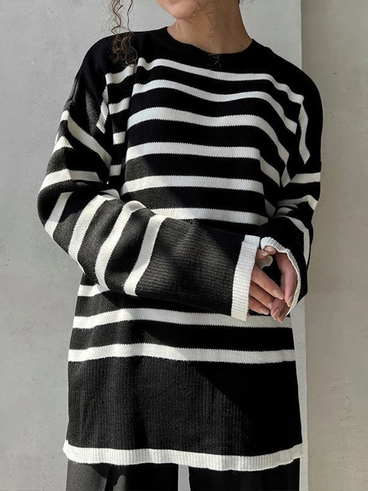 Wixra Women Basic O Neck Sweater Warm Thick Split Striped Pullovers Long Jumper Hot Casual Tops 2022 Autumn Winter