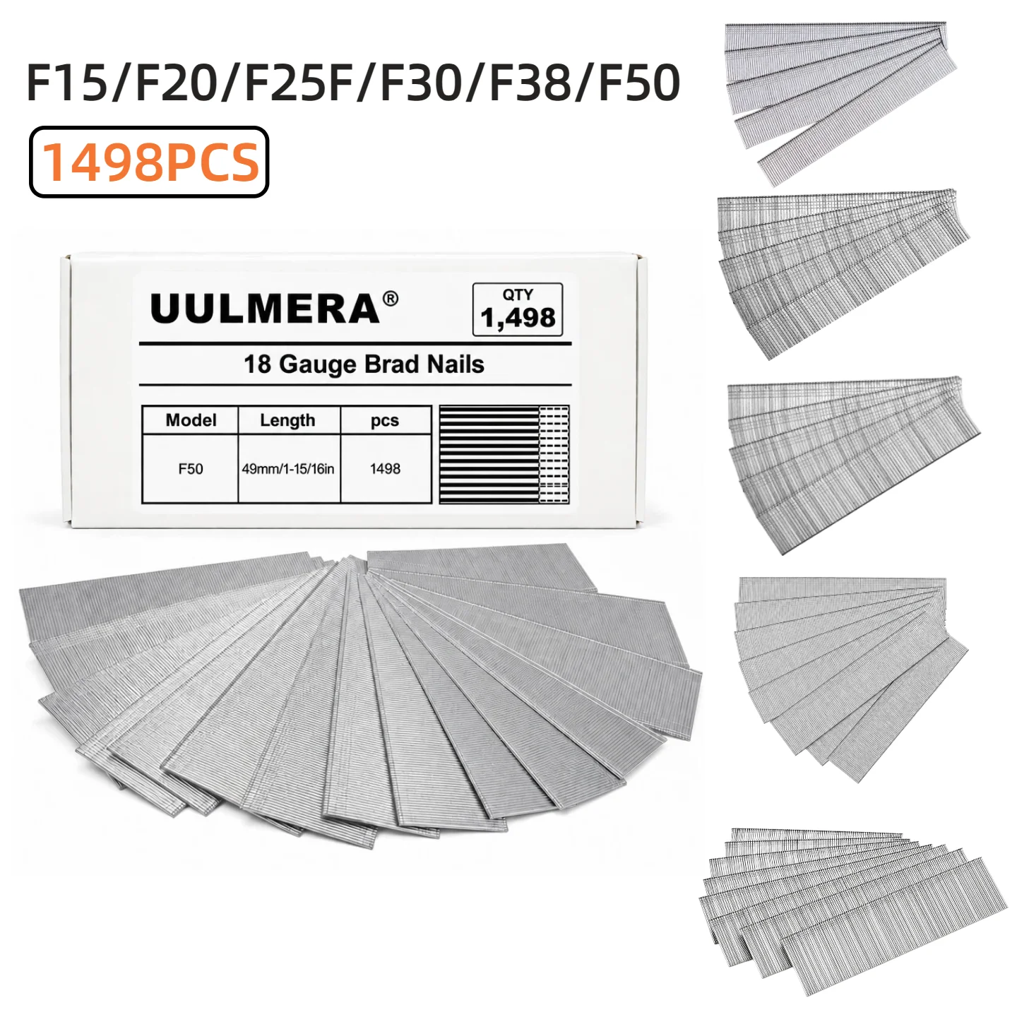1498PCS 18 Gauge Brad Nails,  F15/F20/F25/F30/F38/F50 Galvanized Nail Gun Nails for Pneumatic, Electric Brad Nailer Gun