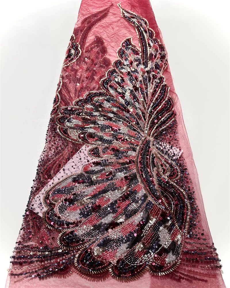 Luxury African Beaded Heavy Lace Fabric High Quality Nigerian Sequins Lace Fabric For Bridal Wedding Party Dresses