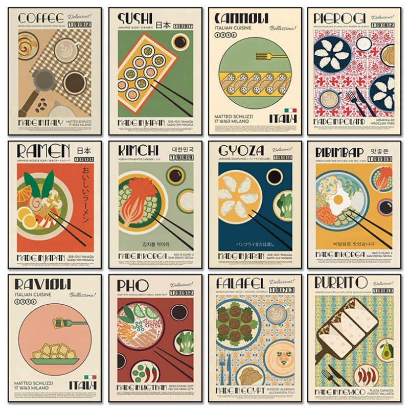 Pósteres de pintura en lienzo para Decoración de cocina y habitación, cuadro de pared nórdico Pho Hummus, plátano dividido, Bibimbap, comida de pescado, imagen impresa