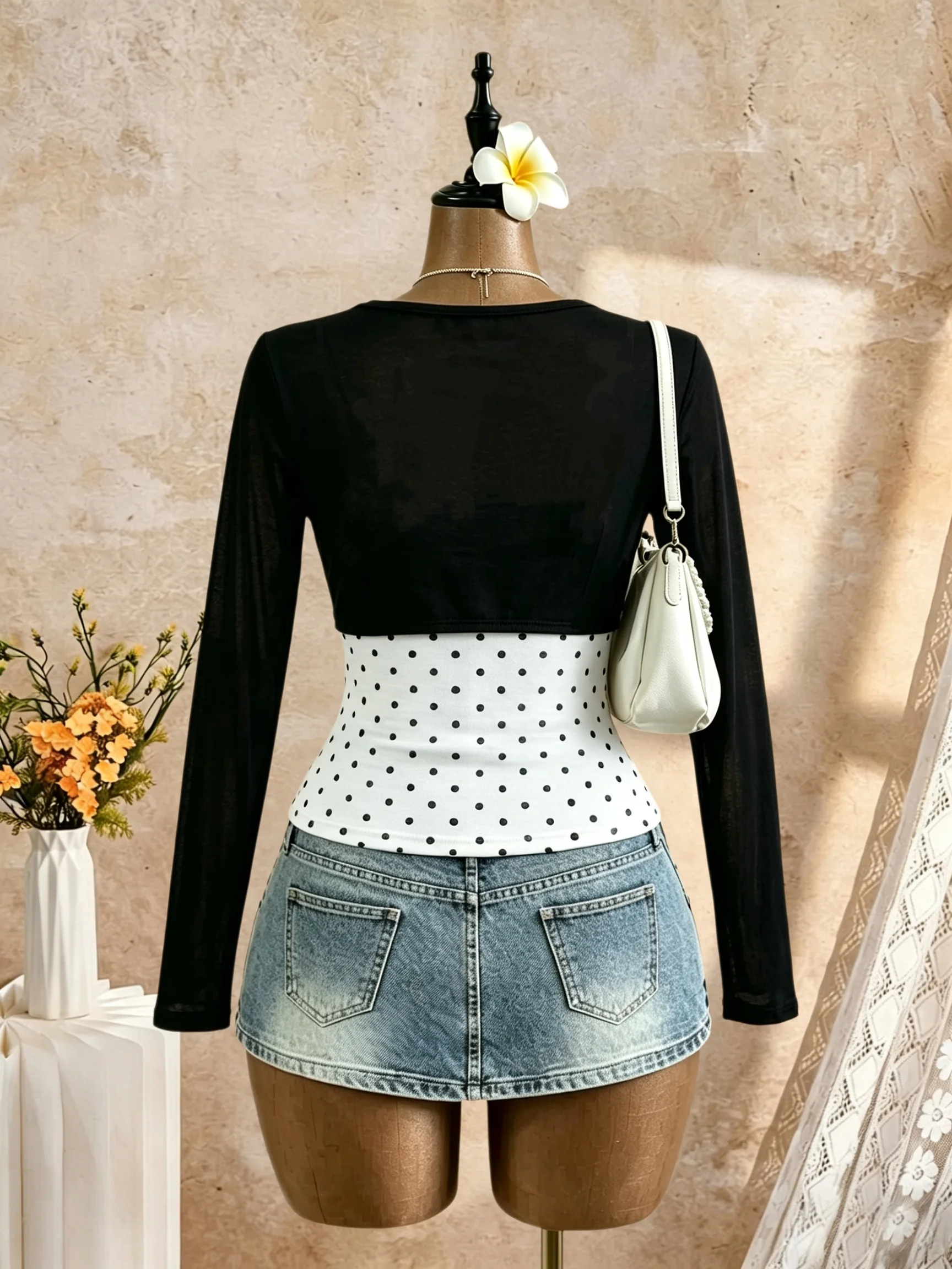 Women 2 Piece Outfit Front Tie Short Sleeve Crop Shrug And Polka Dot Cami Tank Top Slim Fit Casual Daily Going Out Two Piece Top