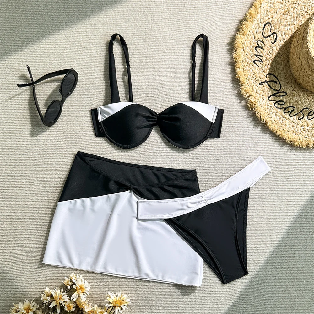

Black with White Bikini Backless Bandage Swimwear Push Up Swimsuit Women Beach Skirt Bathing Suit Vacation Summer Outfit Biquini