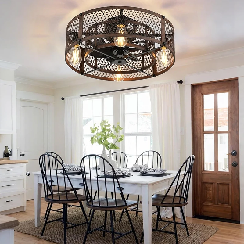 Cage Ceiling Fan with Light 20' Flush Mount Ceiling Fan Lights Reversible 6 Speed Timer Black Electric Fan Bedroom Kitchen