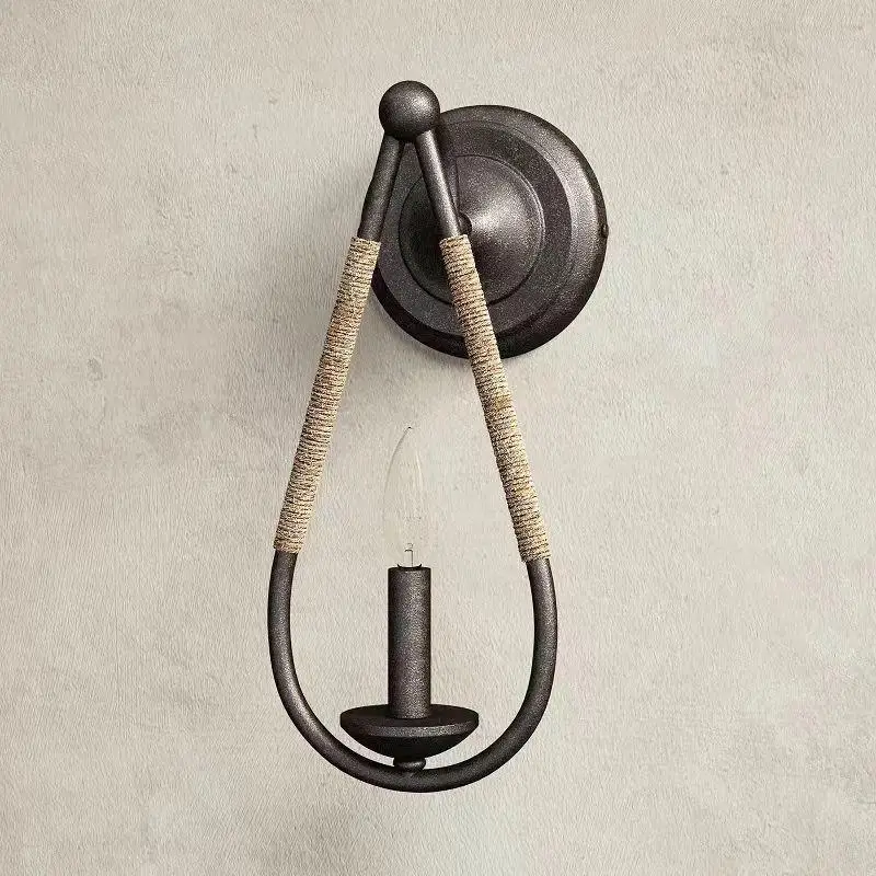 Vintage hemp rope single-headed wall lamp American antique bedroom bedside lamp living room dining room background  corridor