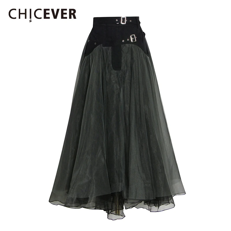 

CHICEVER Dark Style Designer Patchwork Belt Midi Skirts for Women High Waist Spliced Mesh Folds Punk Style Skirt Female Spring