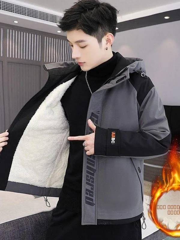 

Thiened Fce Hooded Cotton Jaet Men's Autumn Winter Faion Anti-Wind Workwear Coat Trendy Youth Winter Clothes