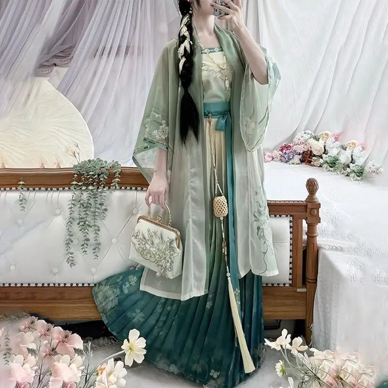 Vestido Hanfu chinês para mulheres, traje cosplay, roupa de festa, verão antigo verde, trajes da dinastia Song, vintage, conjuntos 3pcs