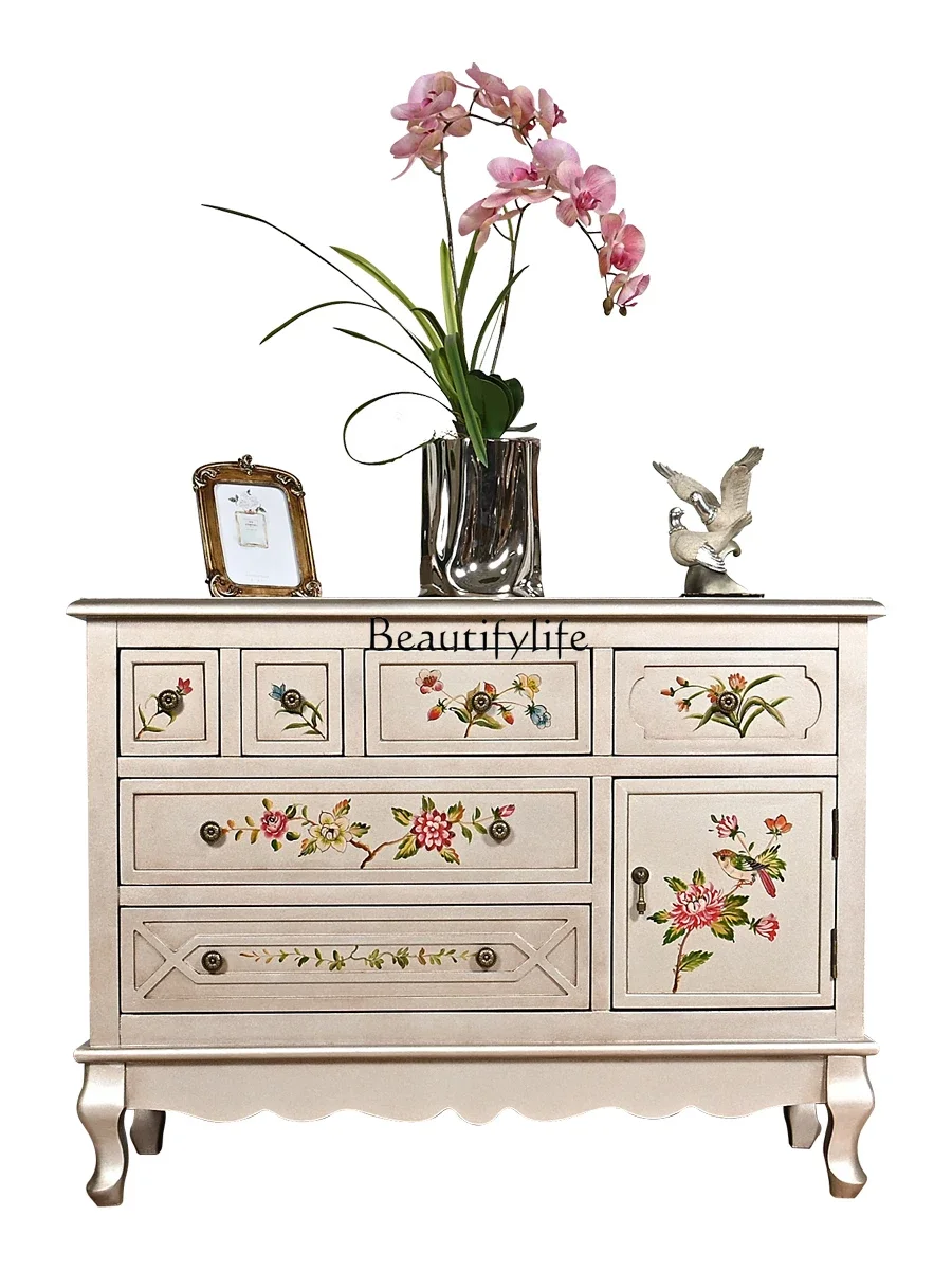 

FG40American Country Champagne Chest of Six Drawers Partition Vintage Painted Decorative Storage Locker