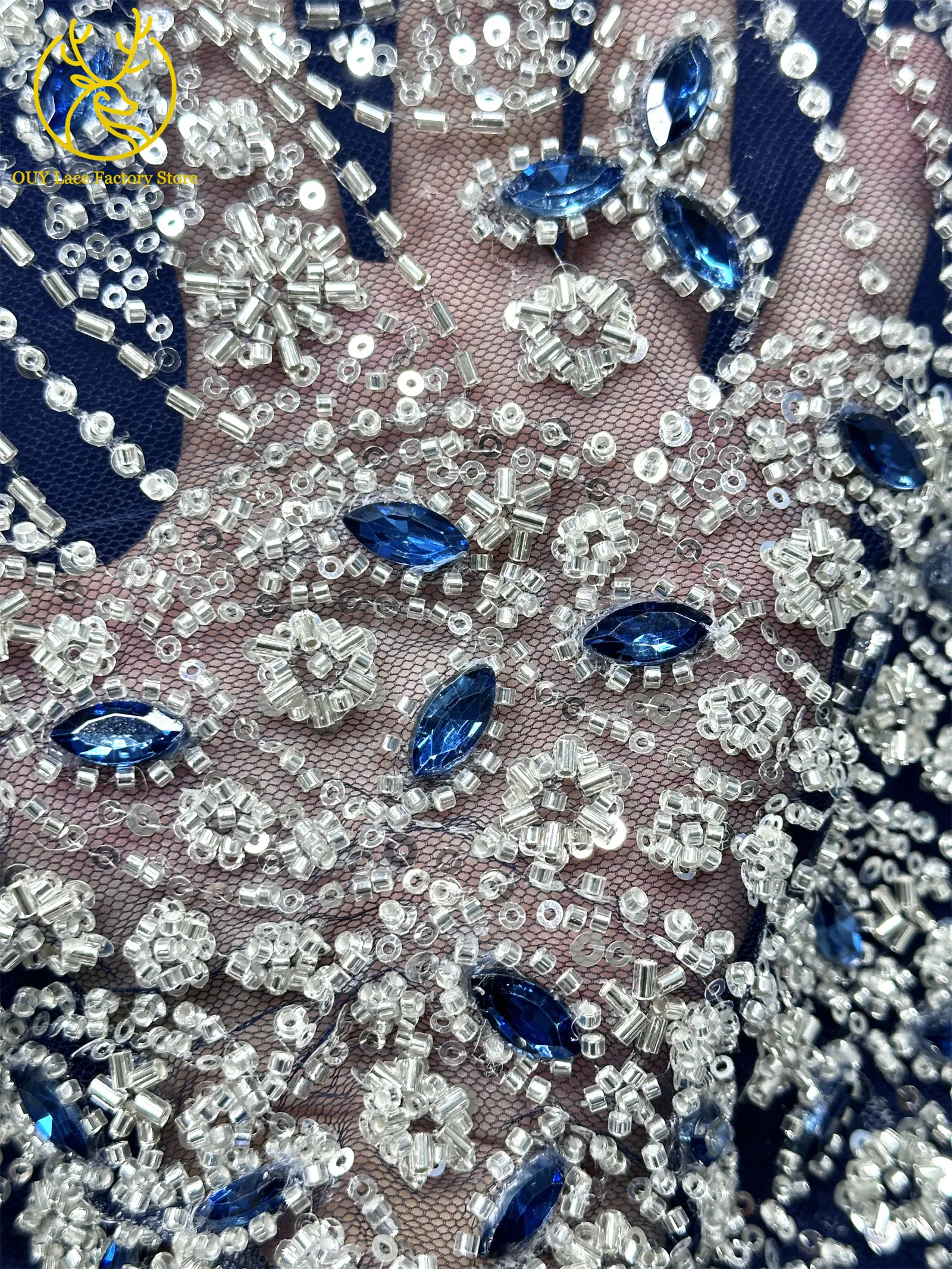Marineblauer französischer Luxus-Spitzenstoff mit Perlen und Steinen 2026 Nigerianischer afrikanischer Pailletten-Spitzenstoff, geeignet zum Nähen von Abendkleidern – Detail 9