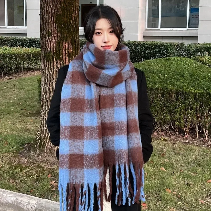 2024 New Autumn Winter Imitation Wool Scarf Female Windproof Thickened Keep Warm Plaid Print Office Long Soft Wear Shawl T151