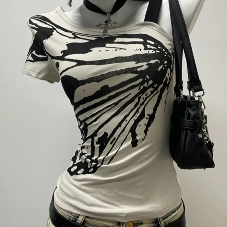 

Американские винтажные футболки с косым воротником и косым воротником, новинка лета 2025, женская футболка Y2k, облегающие топы с короткими рукавами Muejr