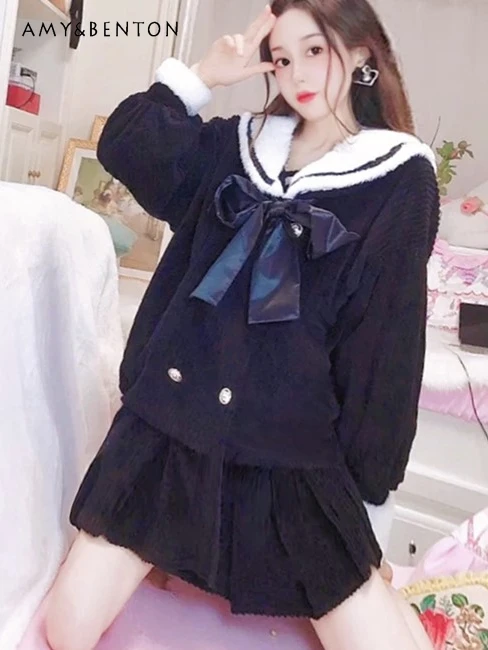 

Japanese Sweet Sailor Collar Big Bow Corduroy Jacket Women Winter New Thicken Street Y2K Patchwork Pleated Skirt Midi Jackets