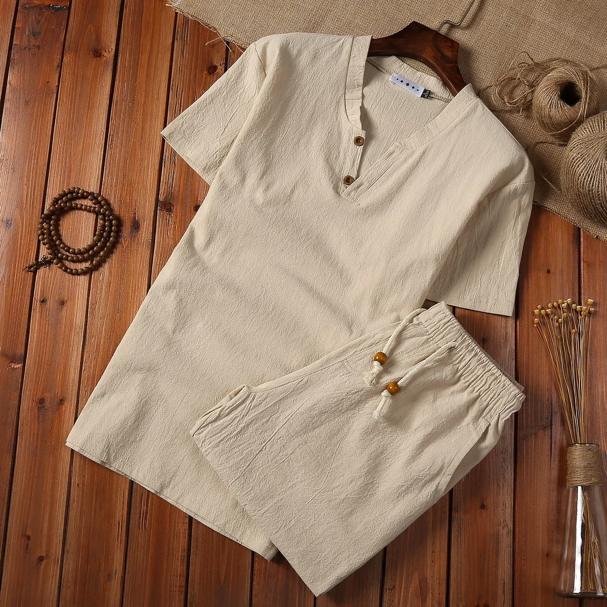 2024 Summer Loose-fit Vintage Casual Cotton Linen Suit for Men Chinese Style Long Sleeve T-shirt Shorts Two-piece Set ZL532