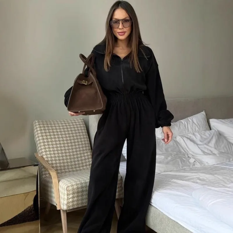 Women’s Spring Autumn Jumpsuit Fashionable Long Sleeve Half Zipper Relaxed Fit Bodysuit With Elastic Waist For Casual Wear New