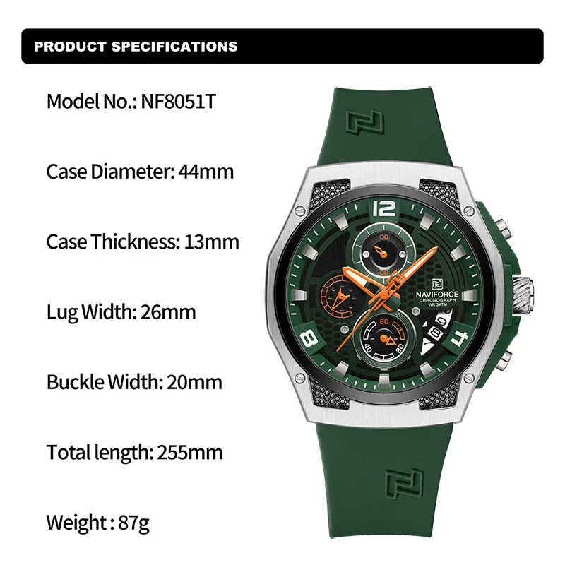 New NAVIFORCE Sports Silicone Strap Male Chronograph Quartz Calendar Men's Watches Casual Wild Waterproof Man Wristwatch NF8051T